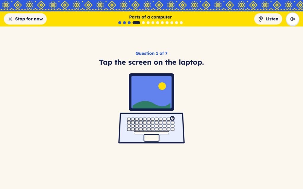 Computer Literacy activity: tap the screen on the laptop