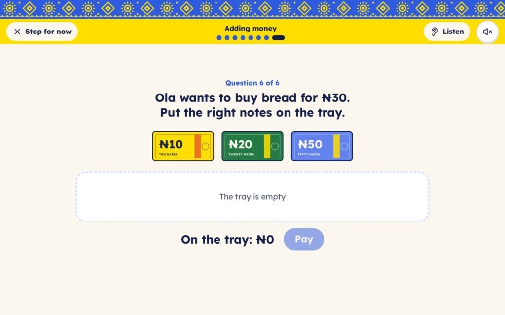 Mathematics activity: put the right naira notes on the tray